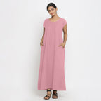 Front View of a Model wearing Pink Cotton Flax A-Line Paneled Dress