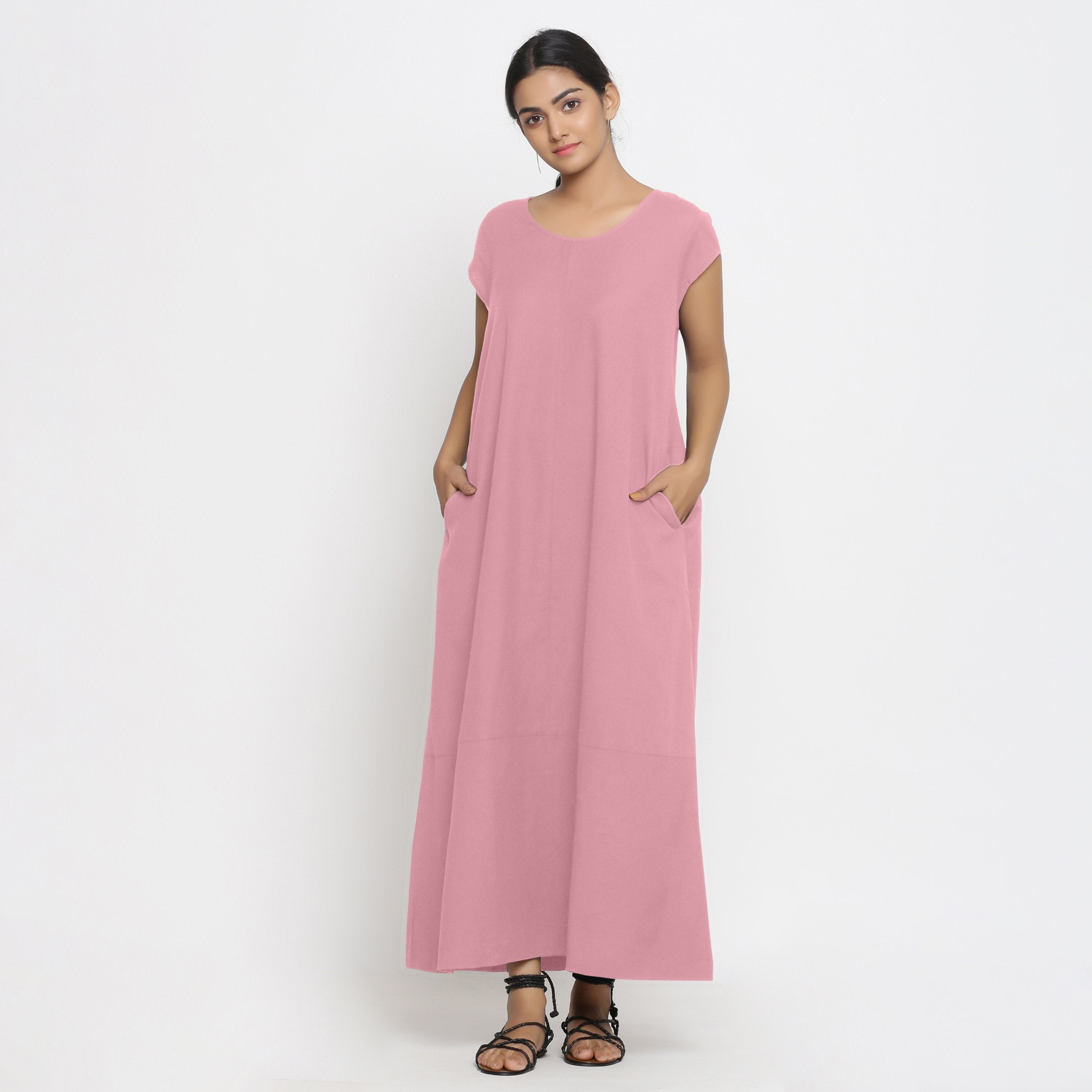 Front View of a Model wearing Pink Cotton Flax A-Line Paneled Dress