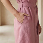 Pink Cotton Flax A-Line Short Dress with Belt