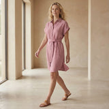 Pink Cotton Flax A-Line Short Dress with Belt