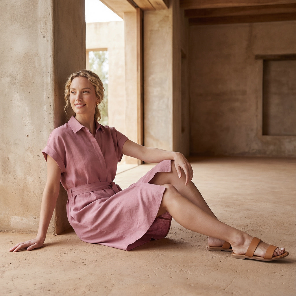 Pink Cotton Flax A-Line Short Dress with Belt