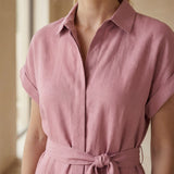 Pink Cotton Flax A-Line Short Dress with Belt