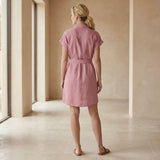 Pink Cotton Flax A-Line Short Dress with Belt