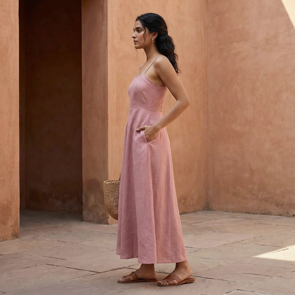Pink Cotton Flax Ankle Length Flared Sundress