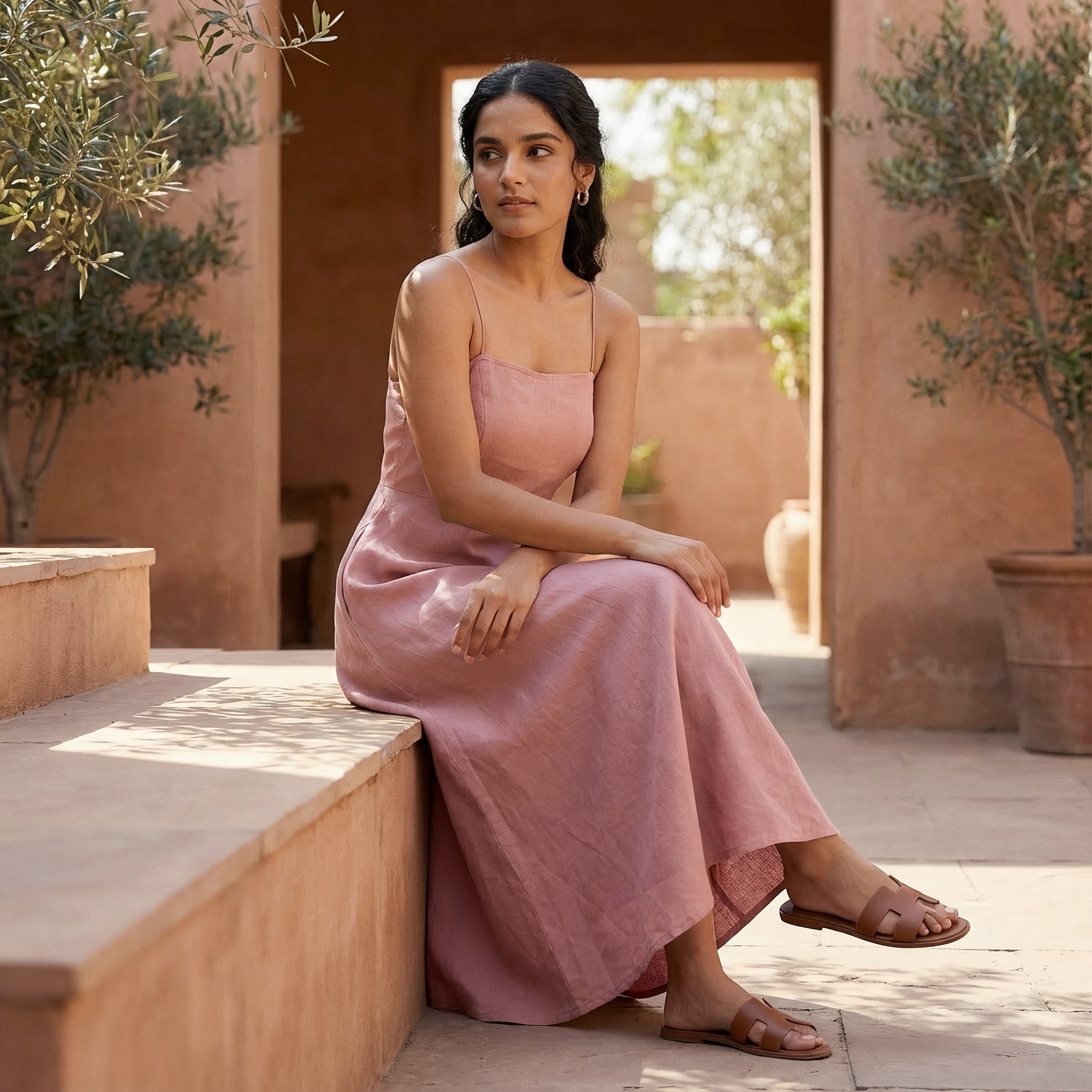 Pink Cotton Flax Ankle Length Flared Sundress