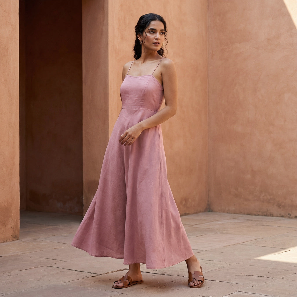 Pink Cotton Flax Ankle Length Flared Sundress