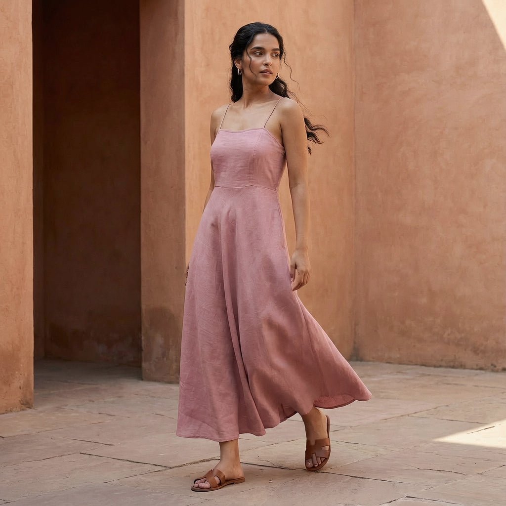 Pink Cotton Flax Ankle Length Flared Sundress