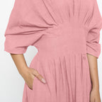 Pink Cotton Flax Ankle Length Pleated Flared Dress