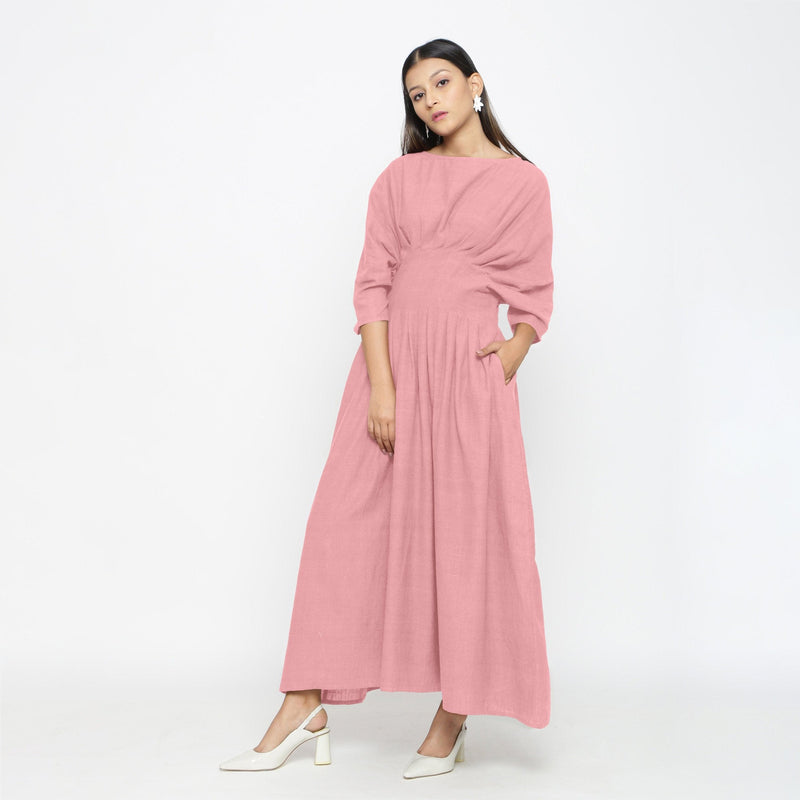 Pink Cotton Flax Ankle Length Pleated Flared Dress