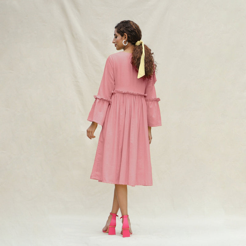 Pink Cotton Flax Bohemian Midi Dress