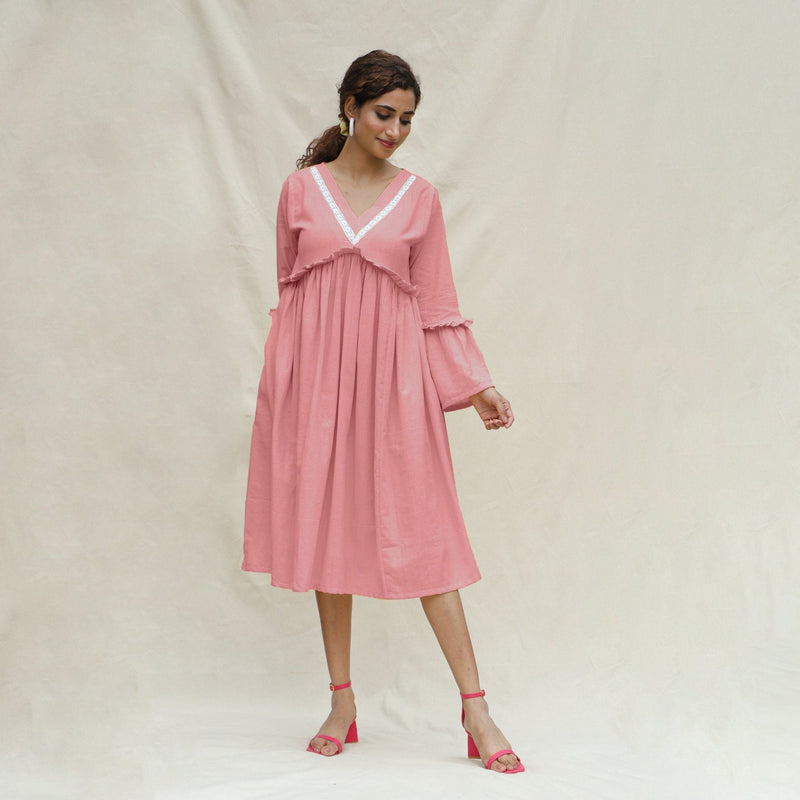 Pink Cotton Flax Bohemian Midi Dress