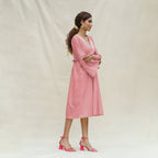 Pink Cotton Flax Bohemian Midi Dress