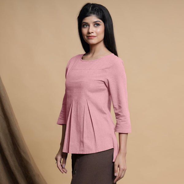 Pink Cotton Flax Box-Pleated High Low Top