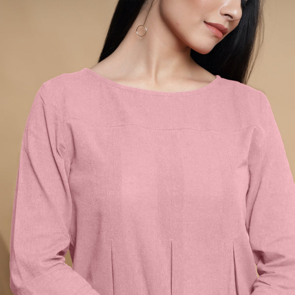 Pink Cotton Flax Box-Pleated High Low Top