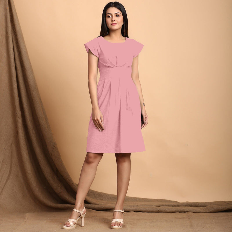 Pink Cotton Flax Pleated Cap Sleeves Short Dress