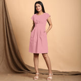 Pink Cotton Flax Pleated Cap Sleeves Short Dress