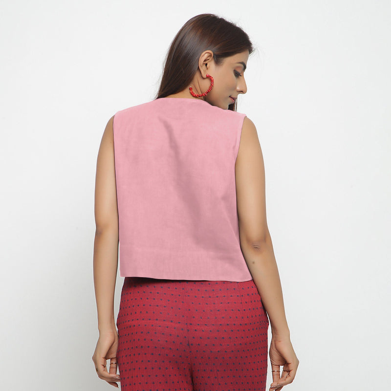 Back View of a Model wearing Pink Cotton Flax Button-Down Shirt