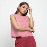 Front View of a Model wearing Pink Cotton Flax Button-Down Shirt