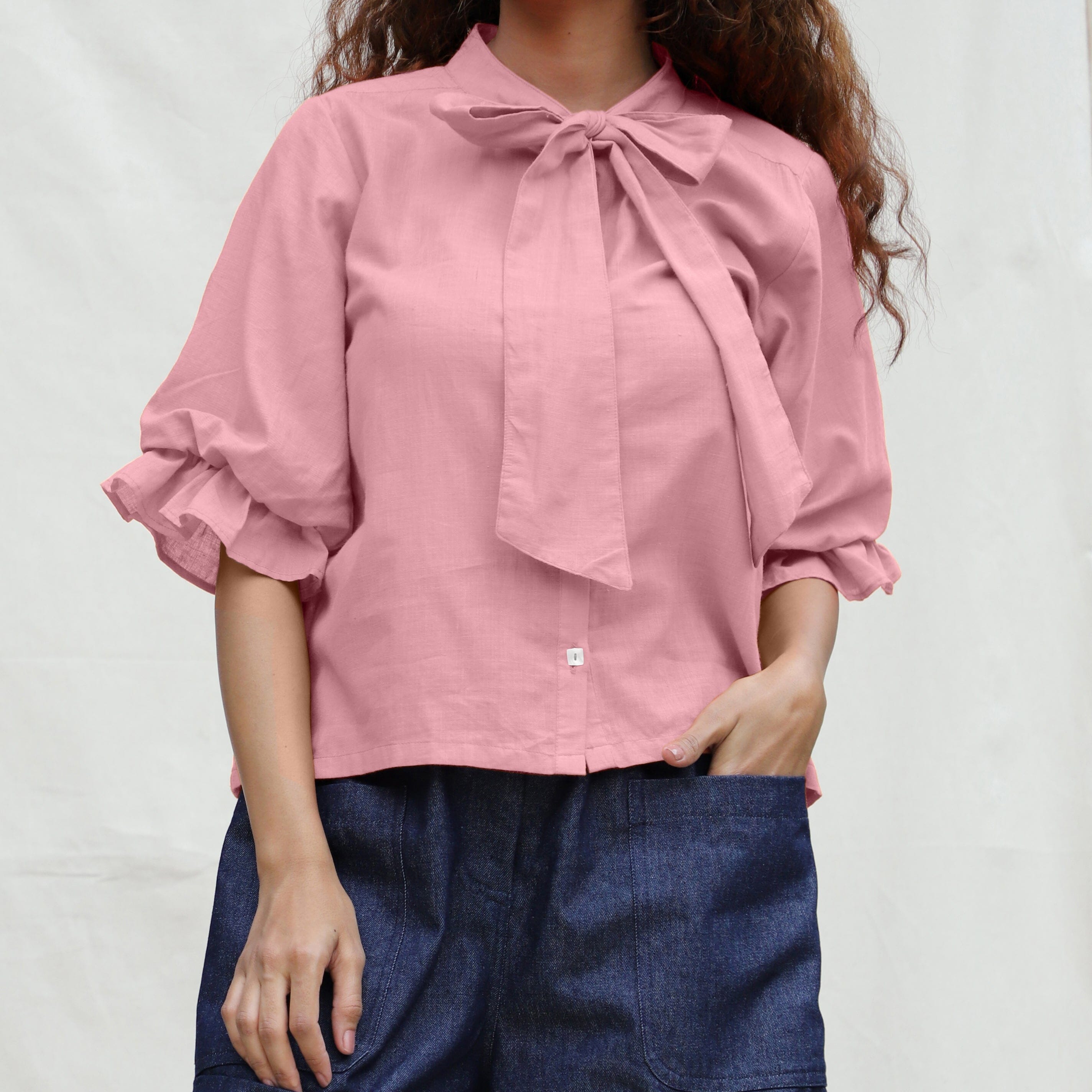 Pink Cotton Flax Button-Down Shirt