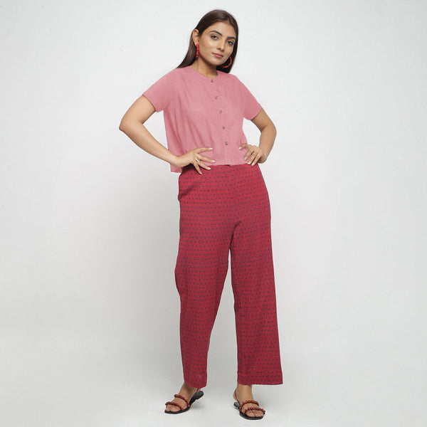 Pink Cotton Flax Button-Down Short Sleeves Shirt