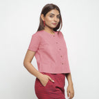 Pink Cotton Flax Button-Down Short Sleeves Shirt