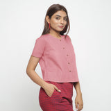 Pink Cotton Flax Button-Down Short Sleeves Shirt