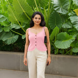 Pink Cotton Flax Button-Down Sleeveless Waistcoat
