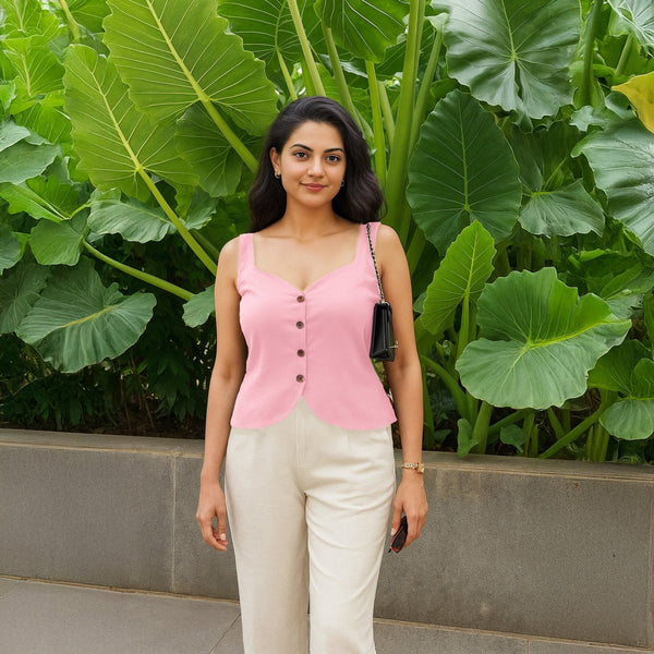 Pink Cotton Flax Button-Down Sleeveless Waistcoat