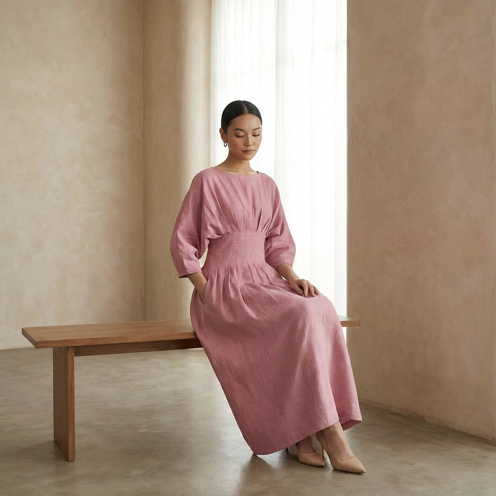 Pink Cotton Flax Cinched Waist Flared Maxi Dress