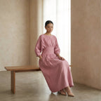 Pink Cotton Flax Cinched Waist Flared Maxi Dress