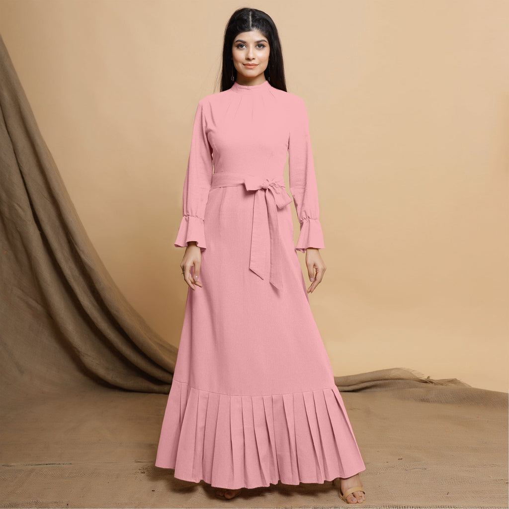 Pink Cotton Flax Mandarin Collar Floor Length Tier Dress
