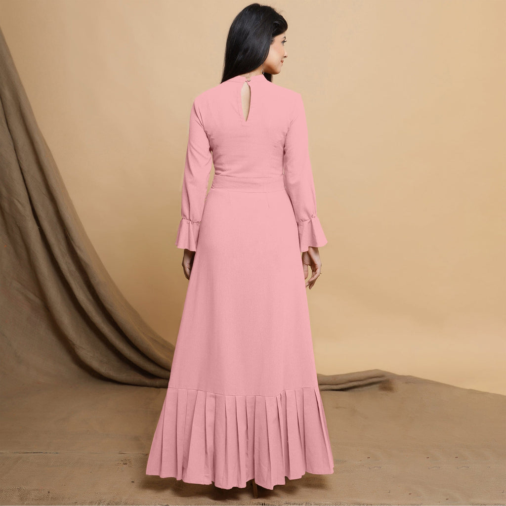 Pink Cotton Flax Mandarin Collar Floor Length Tier Dress