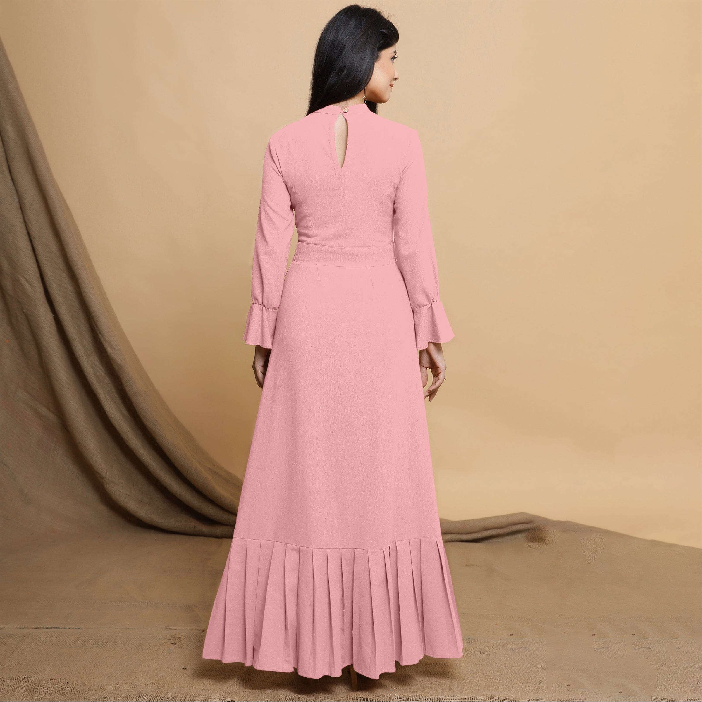 Pink Cotton Flax Mandarin Collar Floor Length Tier Dress