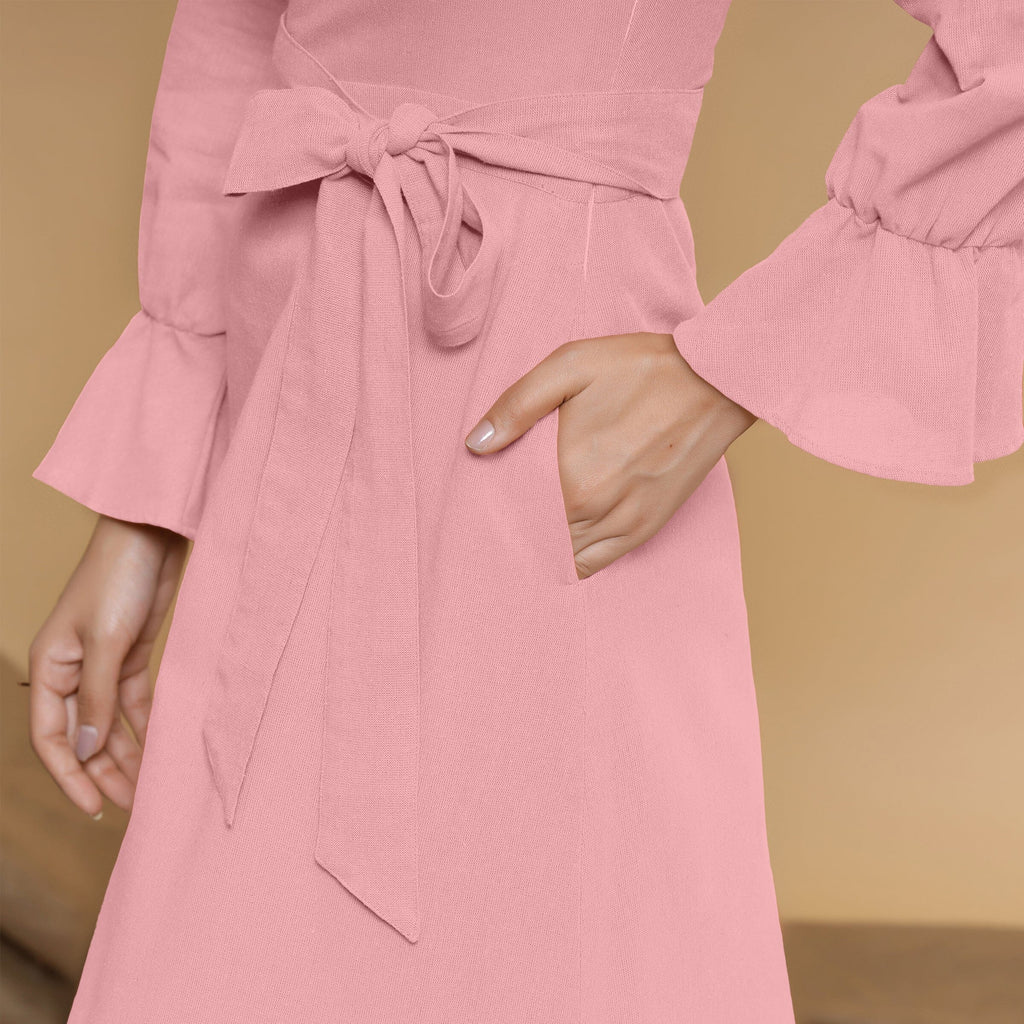 Pink Cotton Flax Mandarin Collar Floor Length Tier Dress