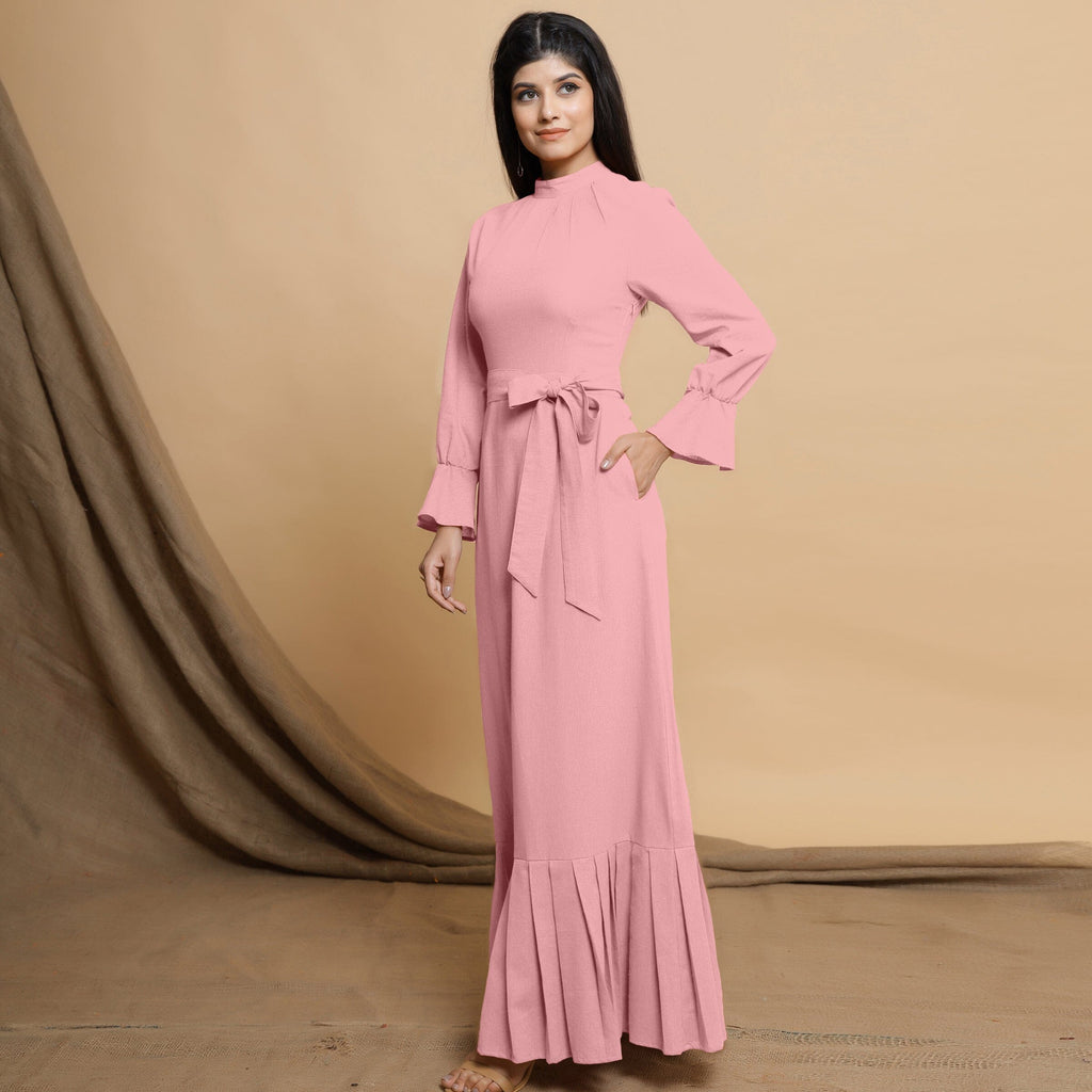 Pink Cotton Flax Mandarin Collar Floor Length Tier Dress