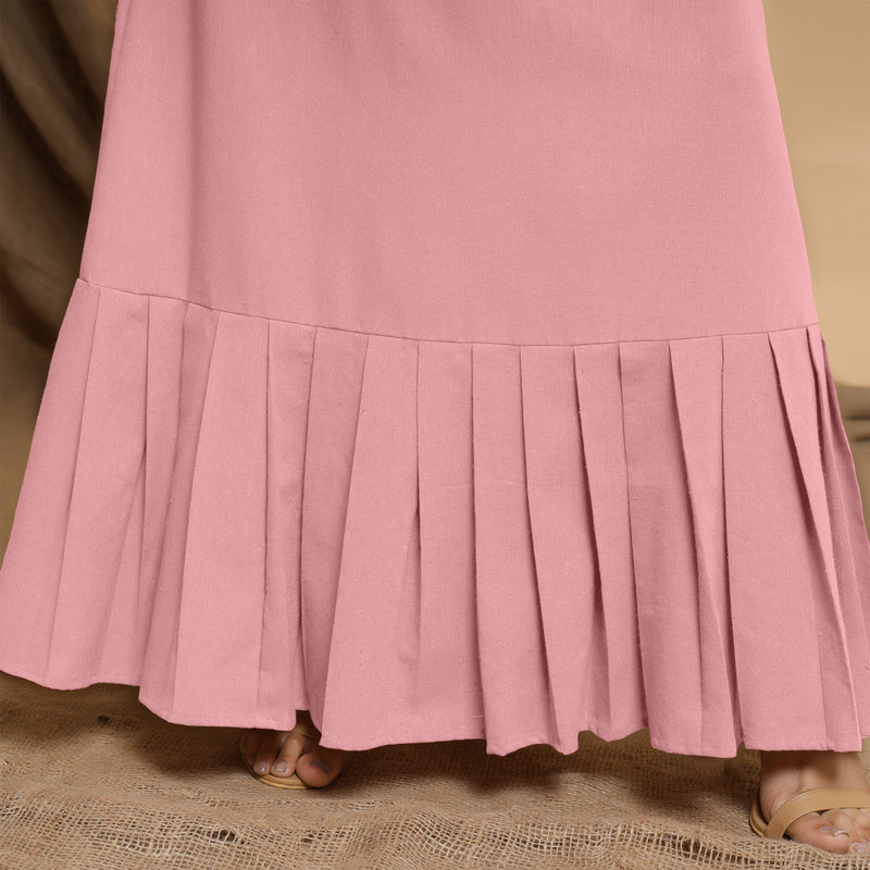 Pink Cotton Flax Crew Neck Floor Length Tier Dress