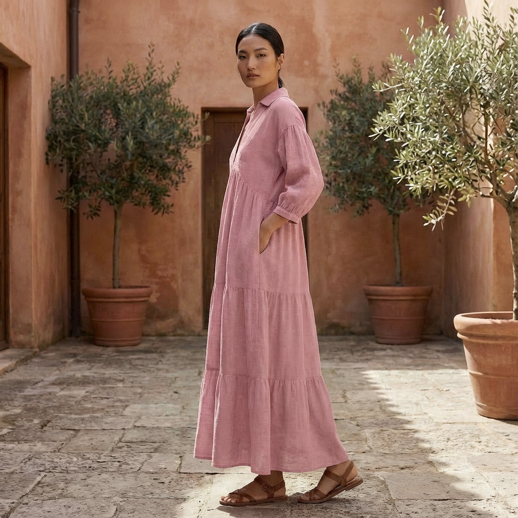 Pink Cotton Flax Deep-V Maxi Tier Dress