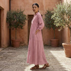 Pink Cotton Flax Deep-V Maxi Tier Dress