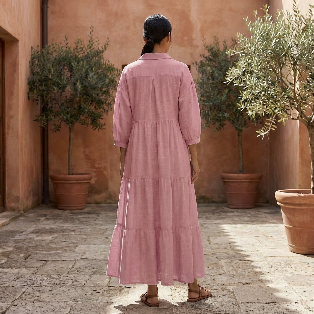 Pink Cotton Flax Deep-V Maxi Tier Dress