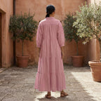 Pink Cotton Flax Deep-V Maxi Tier Dress