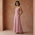 Pink Cotton Flax Deep V-Neck Cami Maxi Dress