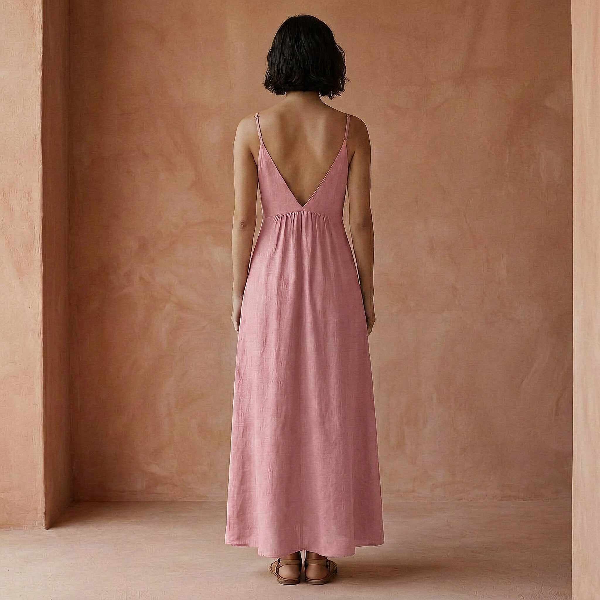 Pink Cotton Flax Deep V-Neck Cami Maxi Dress