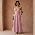 Pink Cotton Flax Deep V-Neck Cami Maxi Dress