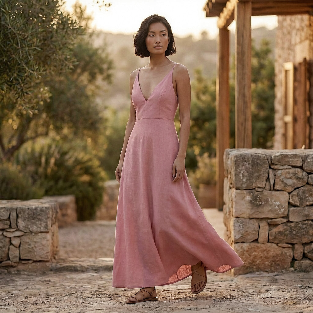 Pink Cotton Flax Deep V-Neck Cami Maxi Dress