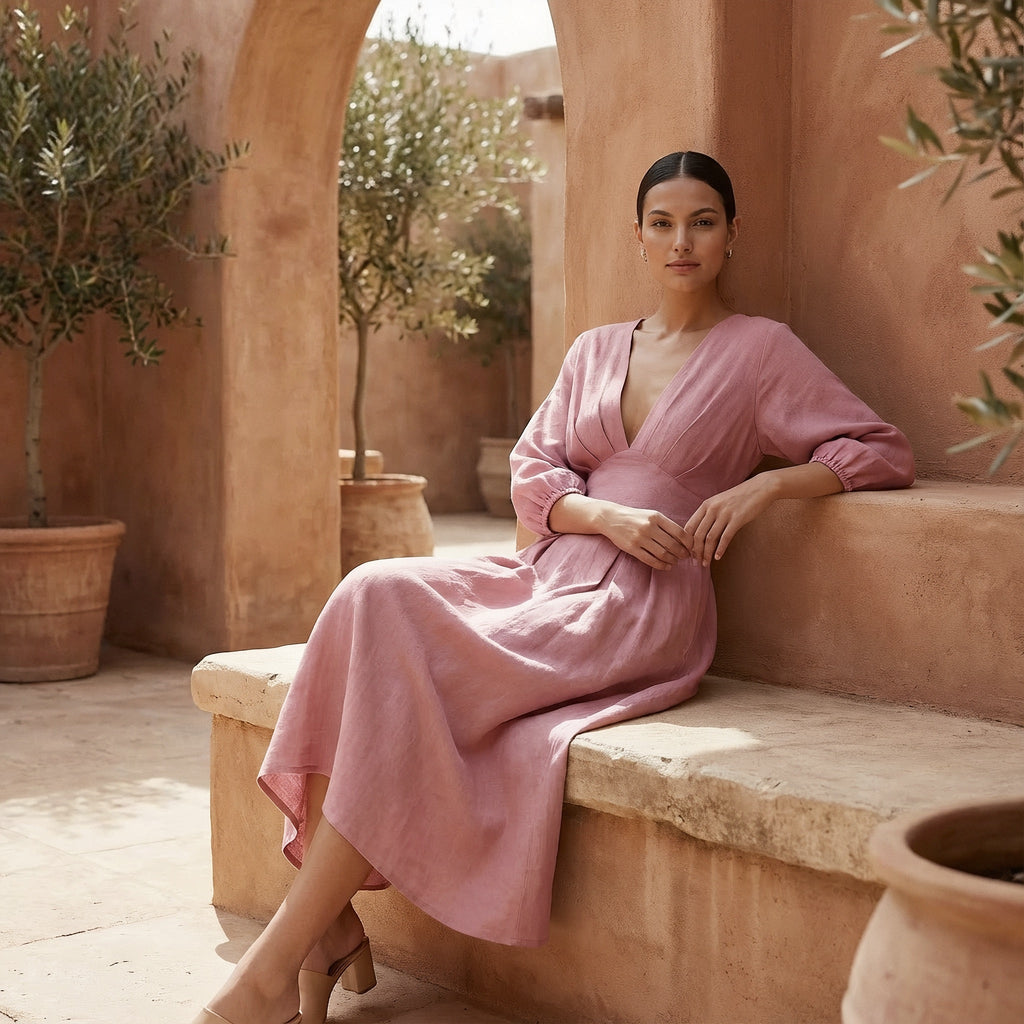 Pink Cotton Flax Deep-V Neck Empire Waist Maxi Dress