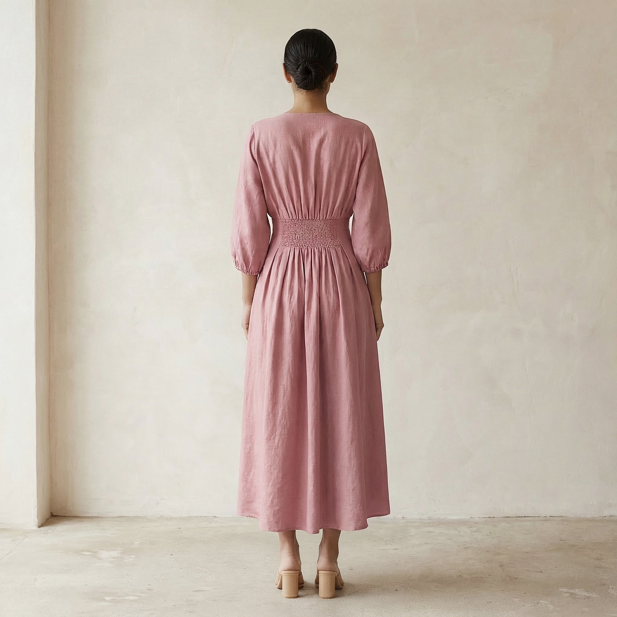 Pink Cotton Flax Deep-V Neck Empire Waist Maxi Dress