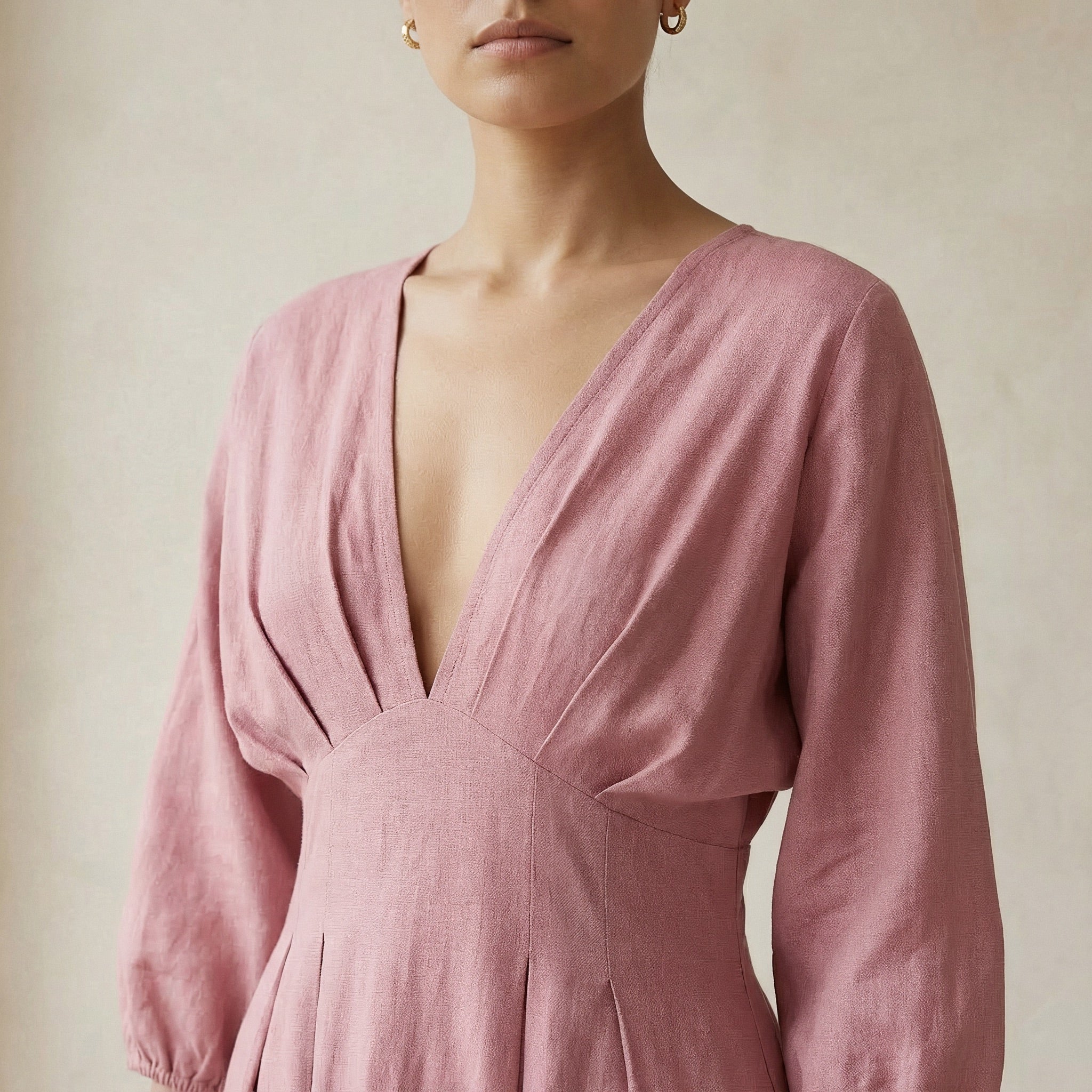 Pink Cotton Flax Deep-V Neck Empire Waist Maxi Dress