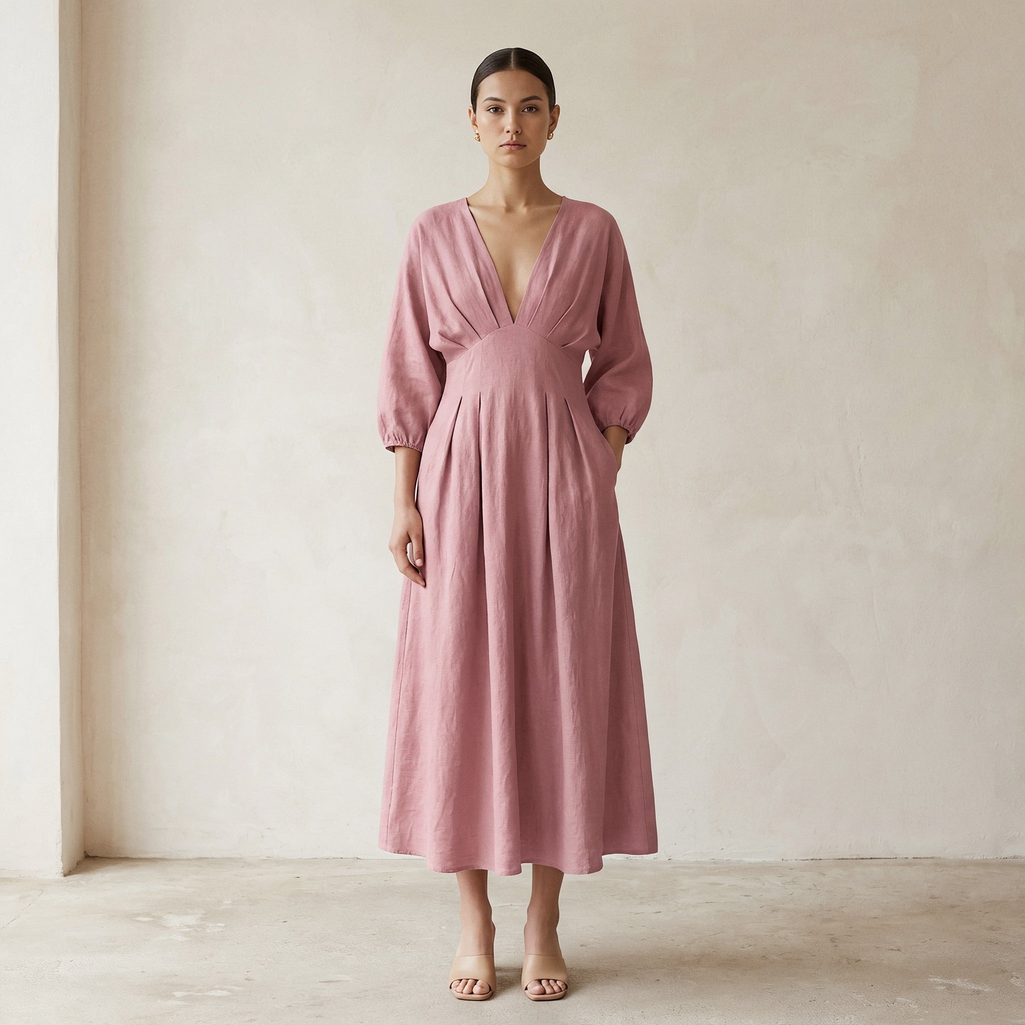 Pink Cotton Flax Deep-V Neck Empire Waist Maxi Dress
