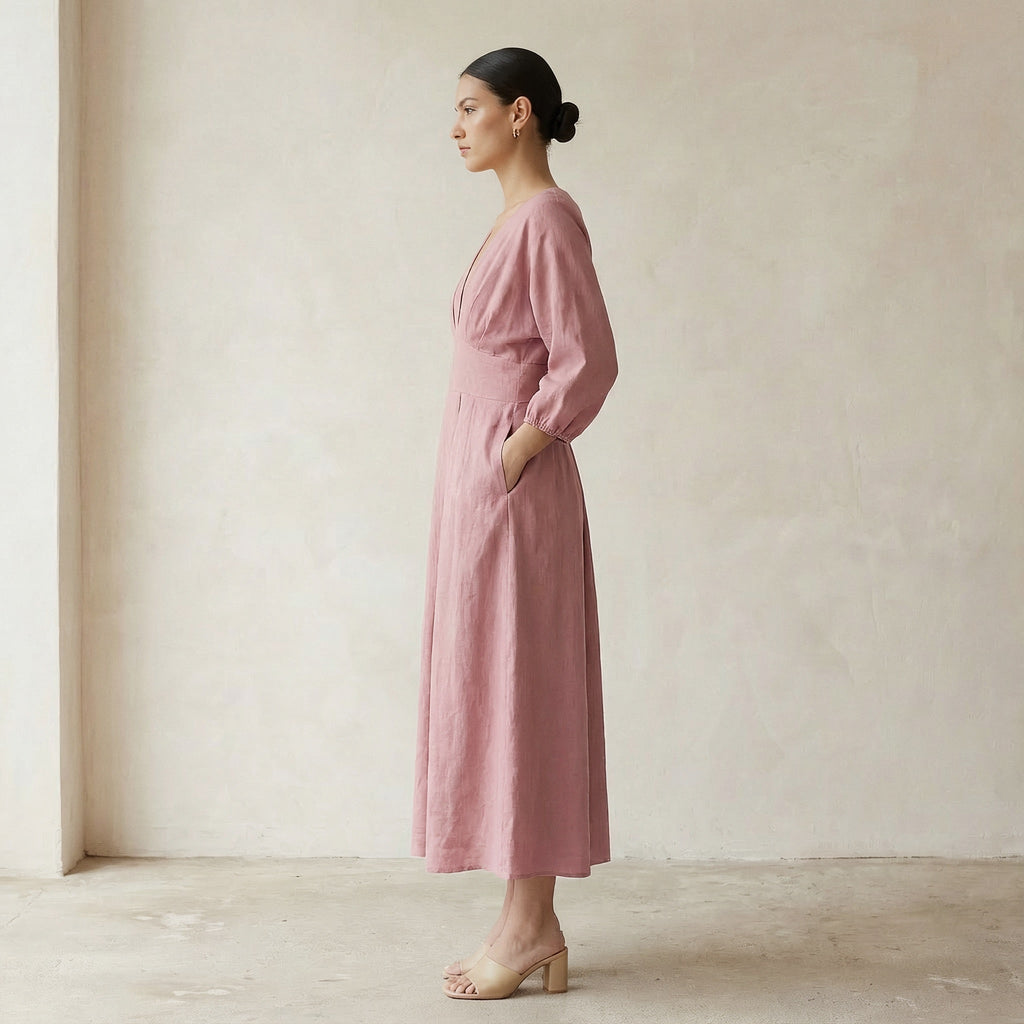 Pink Cotton Flax Deep-V Neck Empire Waist Maxi Dress