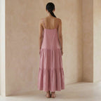 Pink Cotton Flax Drop-Waist Camisole Maxi Tier Dress